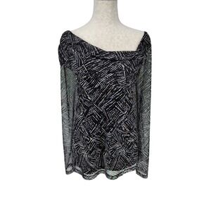 Ella Rafaella Women 2X Black White Abstract Mesh Cowl Neck Long Sleeve Top NEW